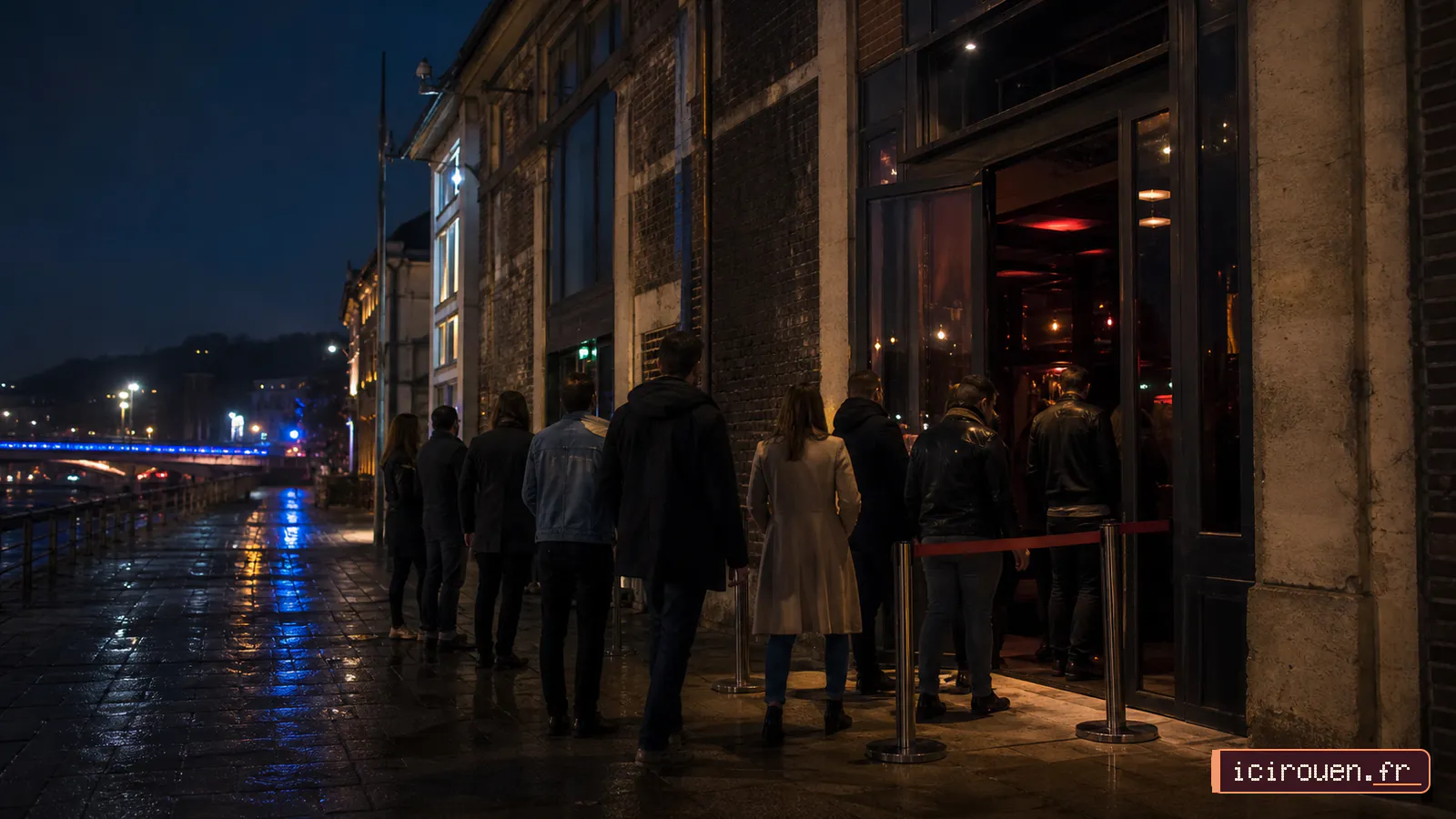 File de clients devant l’entrée éclairée d’un club au bord des quais de Rouen