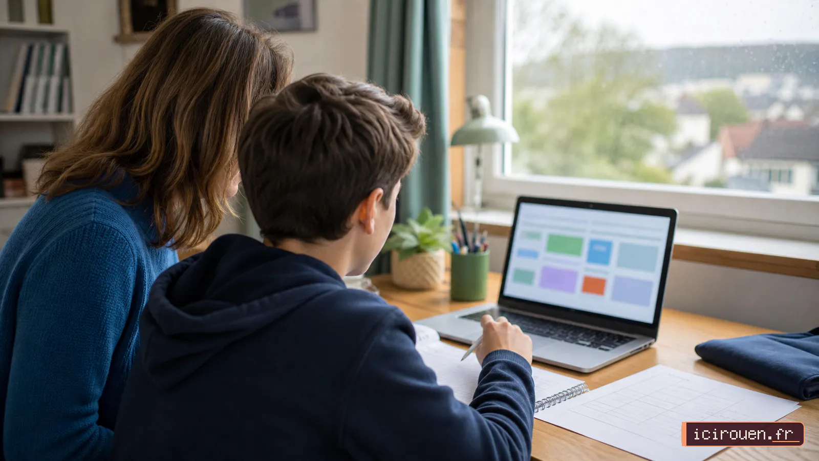 Un parent et un élève consultent un espace numérique de travail sur un ordinateur près de Rouen