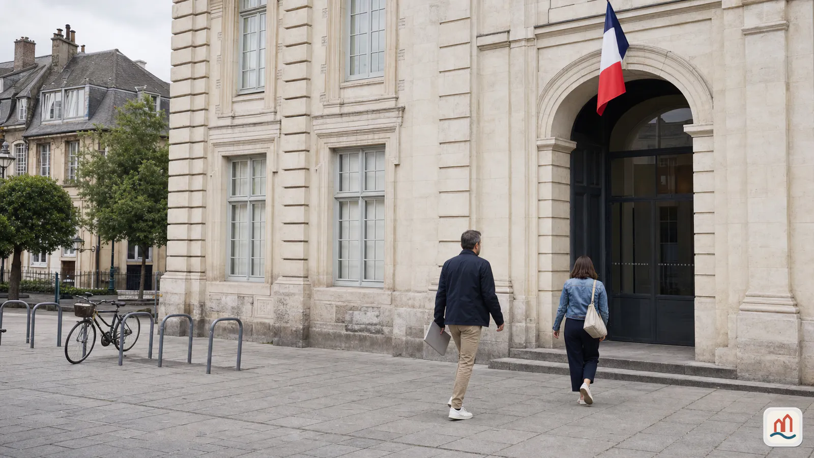 Deux personnes se dirigeant vers l’entrée d’un bâtiment municipal en pierre sous un drapeau français