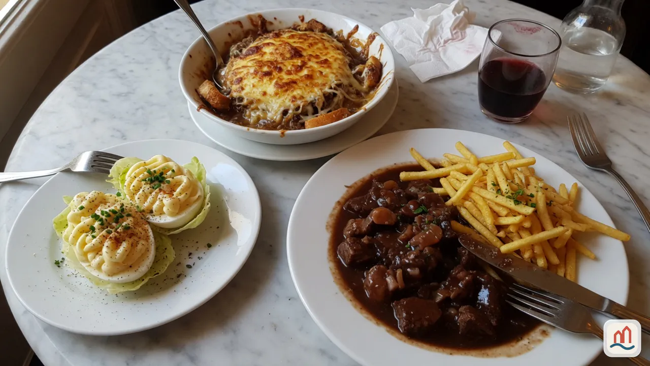Œufs mayonnaise, soupe à l'oignon et bœuf bourguignon-frites servis sur une table de brasserie.