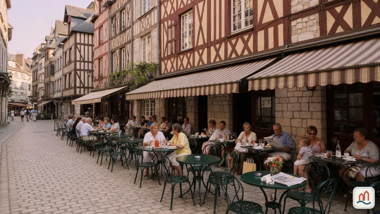 Terrasse de brasserie en été sur une rue piétonne pavée du centre ancien de Rouen.