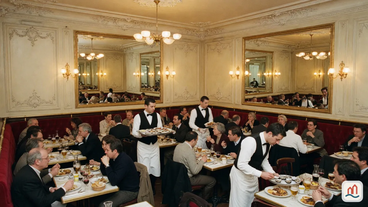 Salle de brasserie de style bouillon parisien avec banquettes rouges, miroirs et tables en marbre.