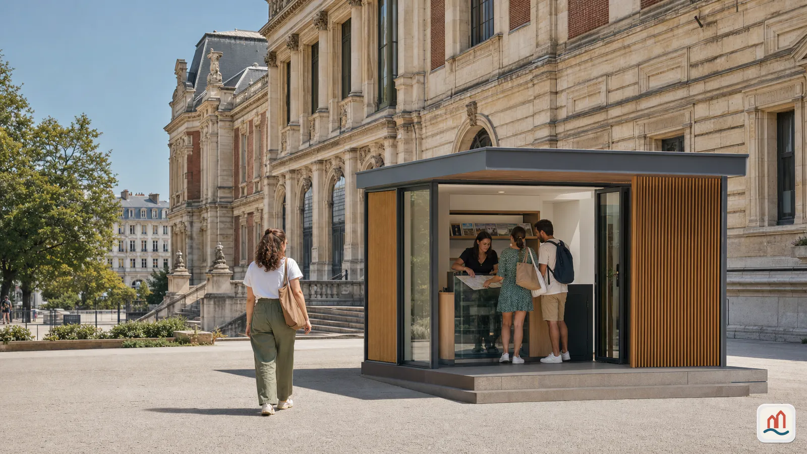 Point d’accueil vitré de l’Office de tourisme devant le Musée des Beaux-Arts de Rouen, avec des visiteurs à l’entrée