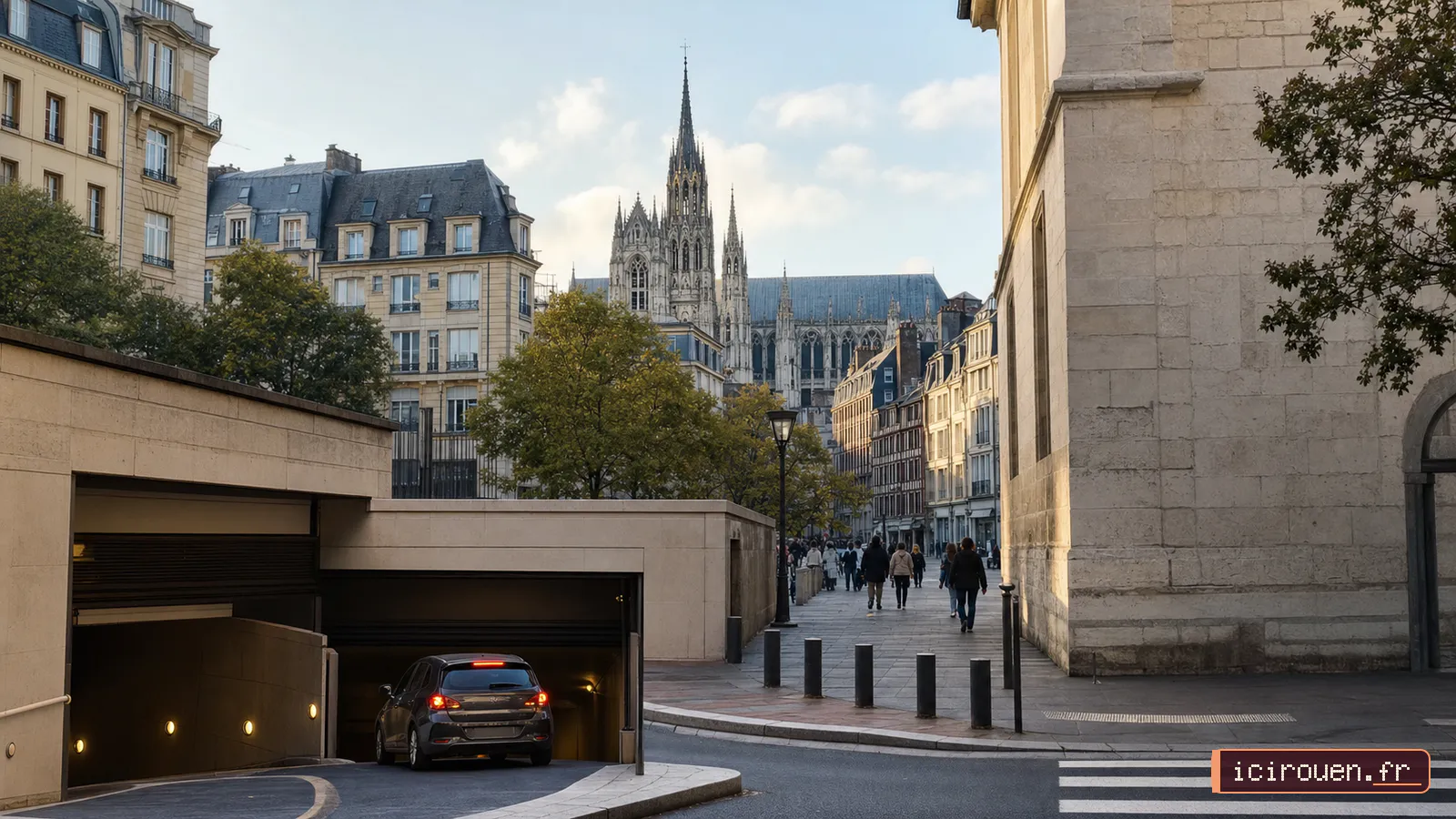 Voiture entrant dans un parking souterrain près de la cathédrale de Rouen