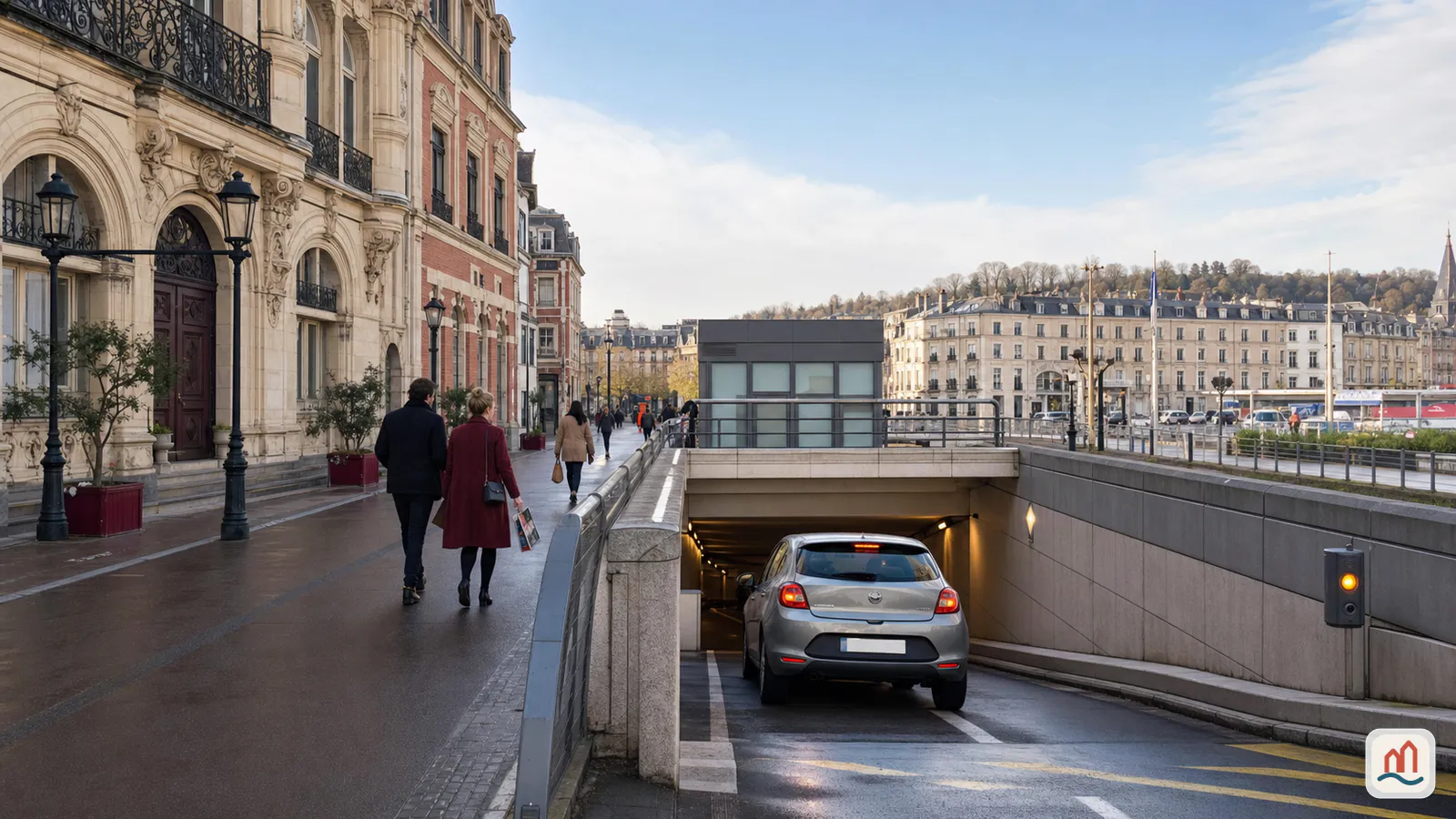 Voiture entrant dans un parking souterrain au bord des quais de Rouen, avec des façades historiques et des piétons