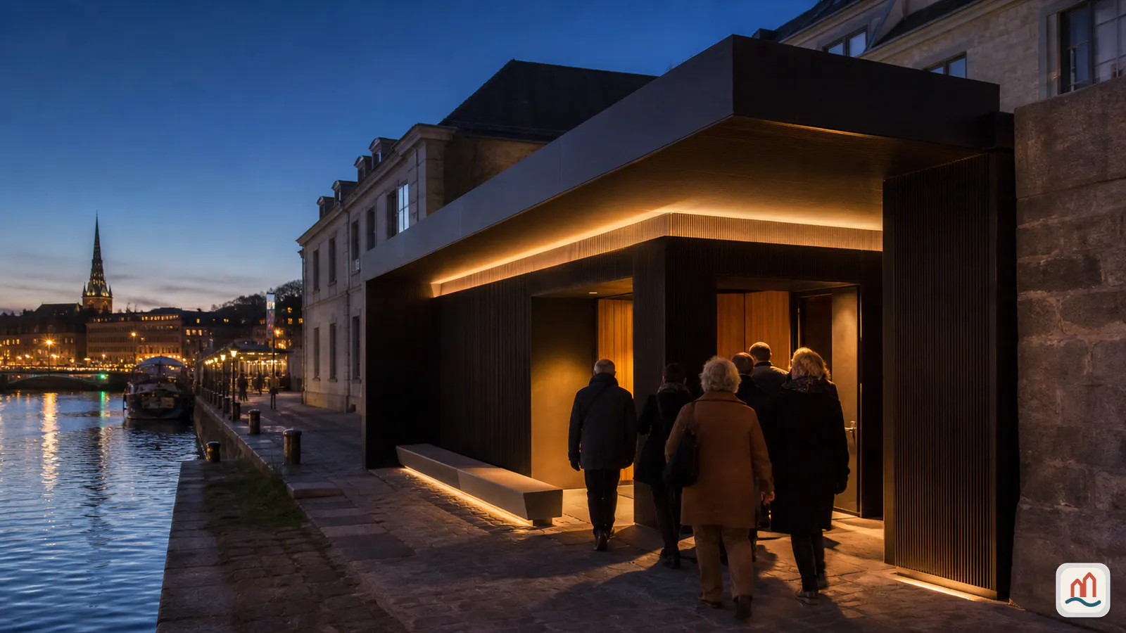 Spectateurs entrant dans une salle de spectacle contemporaine au bord de la Seine à Rouen, à la tombée du jour